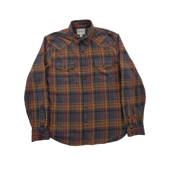 Lucky Brand Other - Lucky Brand Shirt Men's L Orange Gray Grey Plaid Saturday Stretch Snap‎ Buttons